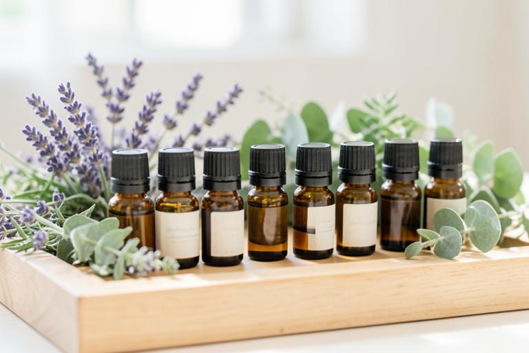 Essential oils with lavender and eucalyptus to choose from before an aromatherapy massage