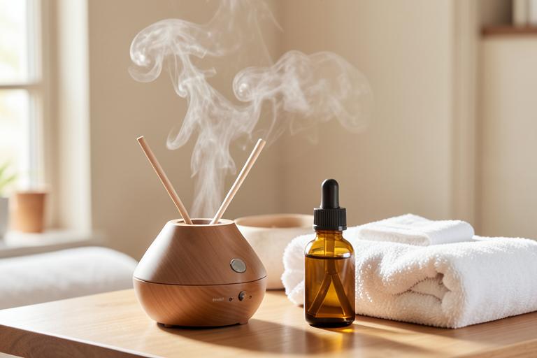 Aroma diffuser and warm oil used during slow full-body aromatherapy strokes