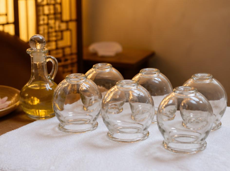 Glass cupping jars and massage oil prepared for cupping therapy in Chinatown