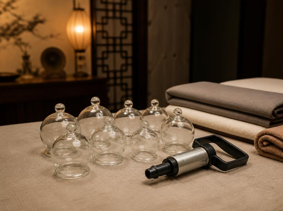 Cupping jars and hand pump on the treatment table for tight shoulders and back