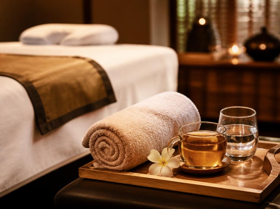 Warm towel, herbal tea and water served after cupping therapy