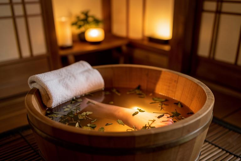Warm herbal foot soak before a foot massage in NYC Chinatown