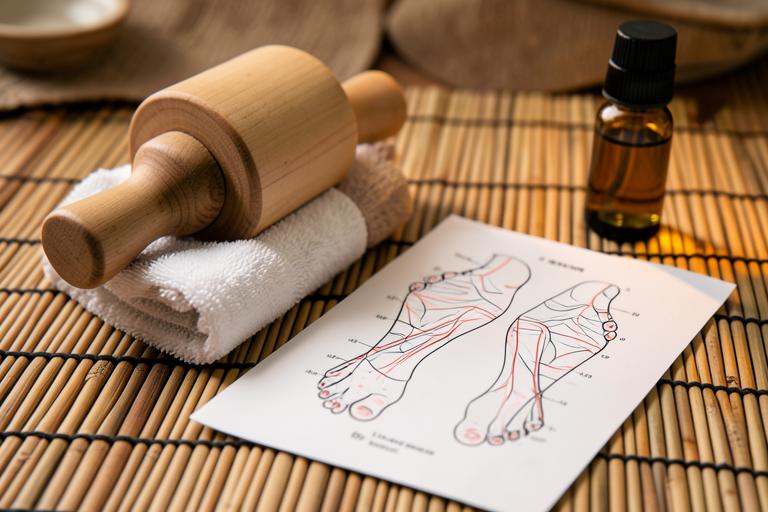 Reflexology tools and foot pressure-point chart used during the massage