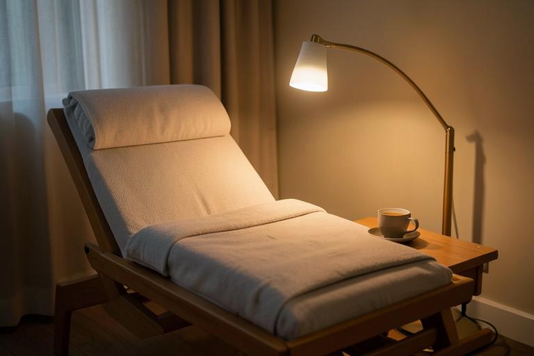 Quiet lounge chair and tea for resting after head and scalp therapy