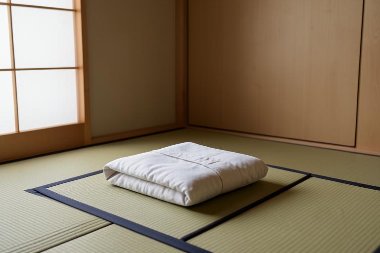 Folded cotton wear and tatami mat ready for a clothed Japanese-style massage