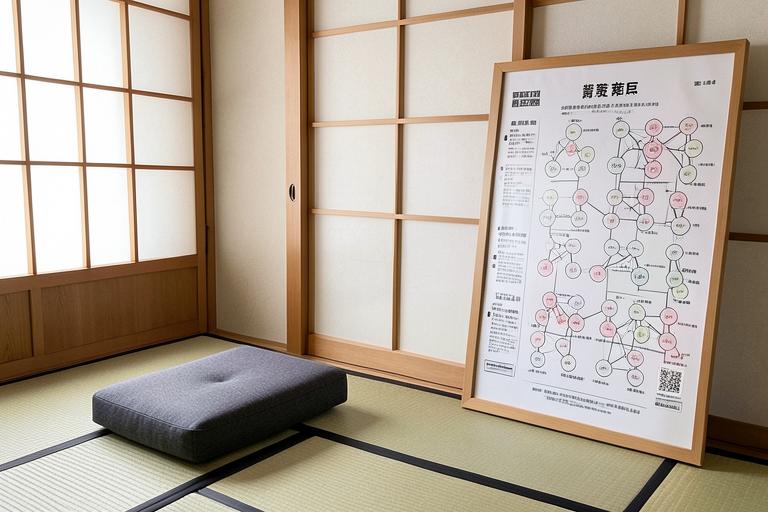 Shiatsu pressure point chart and floor cushion in the Japanese-style room