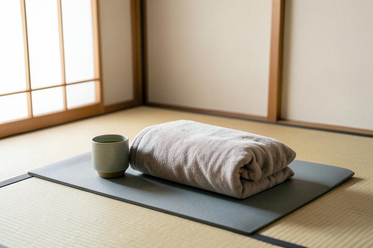 Stretch mat, blanket and green tea for the assisted stretching finish