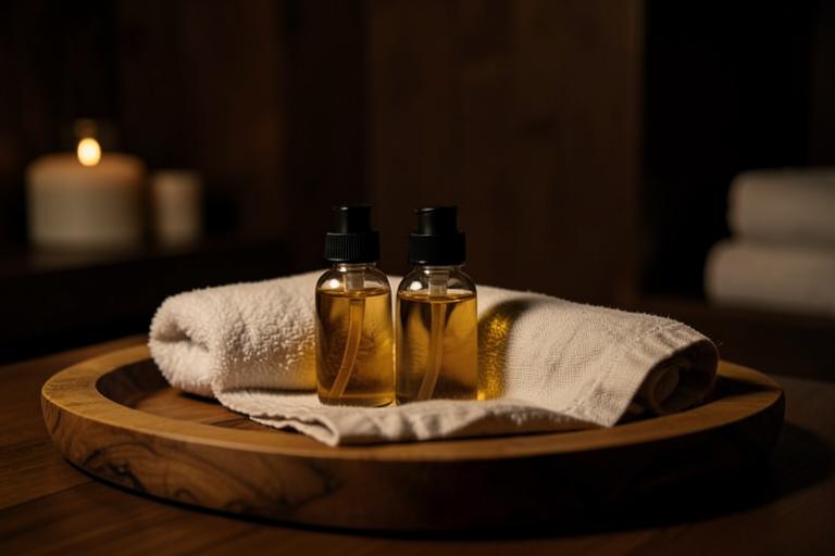 Warm massage oil and linen prepared before an oil body massage in NYC Chinatown