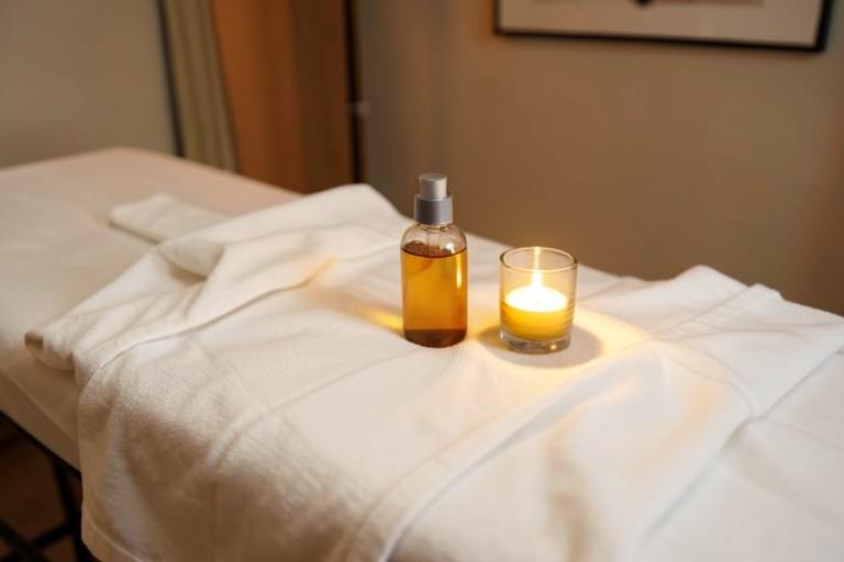 Massage table with fresh linens and warm oil for full-body strokes
