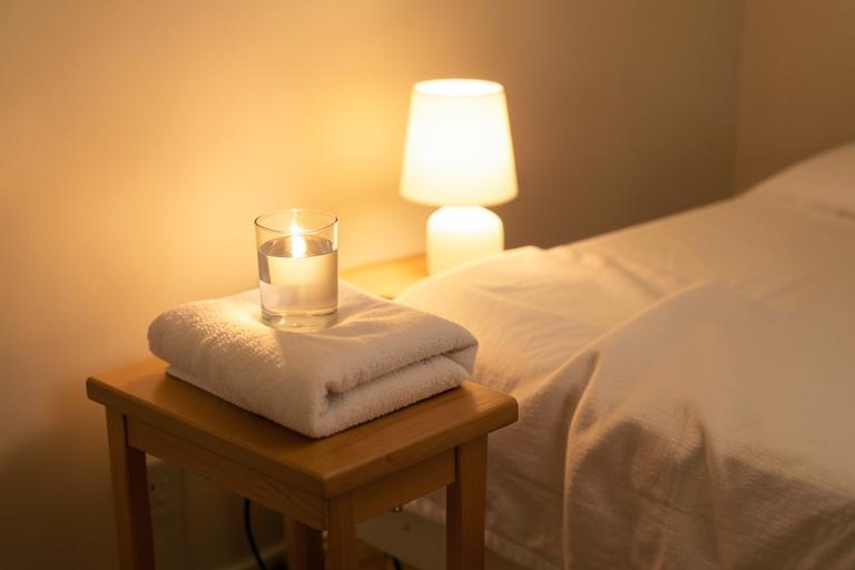 Warm lamp light, blanket and water for the slow finish of an oil massage