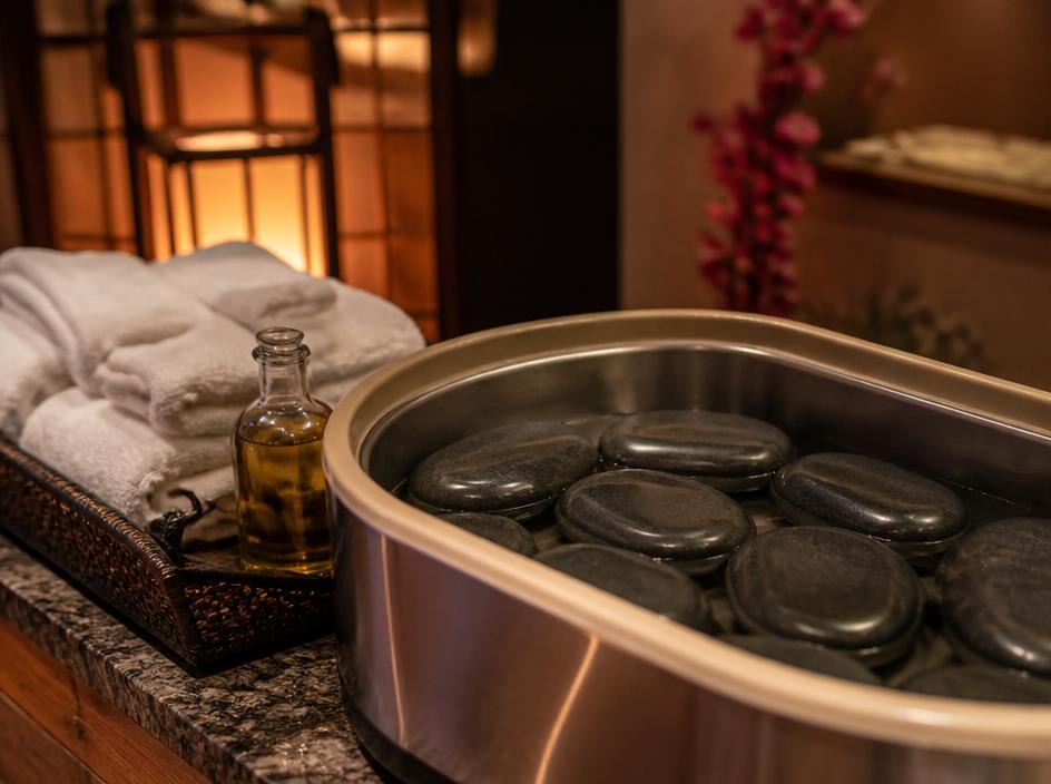 Basalt stones warming in a heater before a hot stone massage in NYC Chinatown