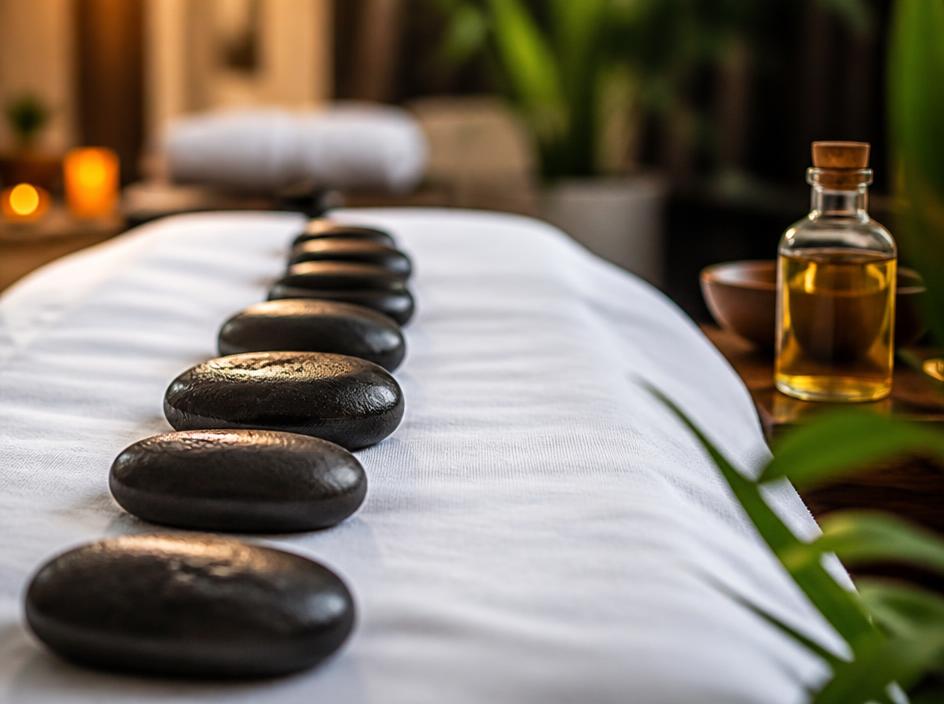 Smooth basalt stones and warm oil laid out on the massage table