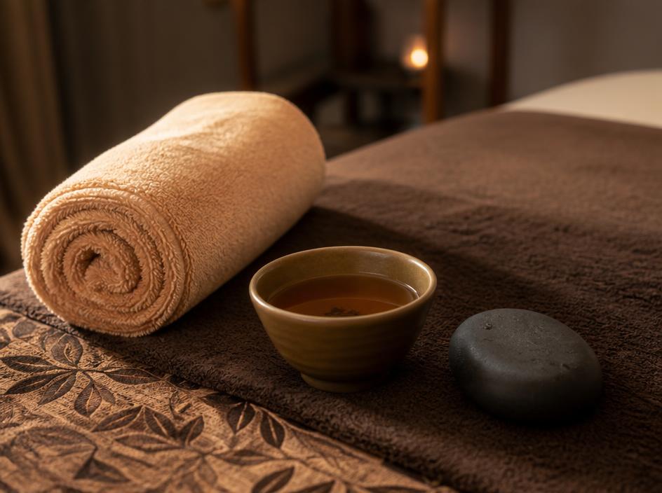 Warm towel, tea and a single stone at the end of a hot stone massage
