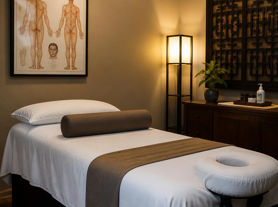 Massage table and meridian chart set up for a deep tissue tuina session in Chinatown
