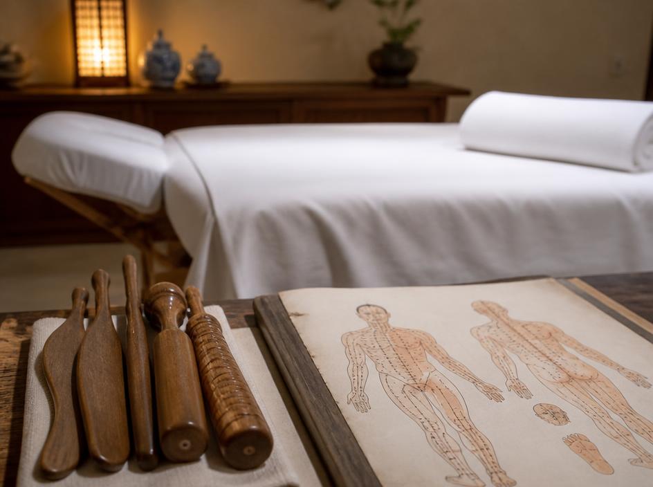 Wooden tuina tools and acupressure chart used for deep tissue work